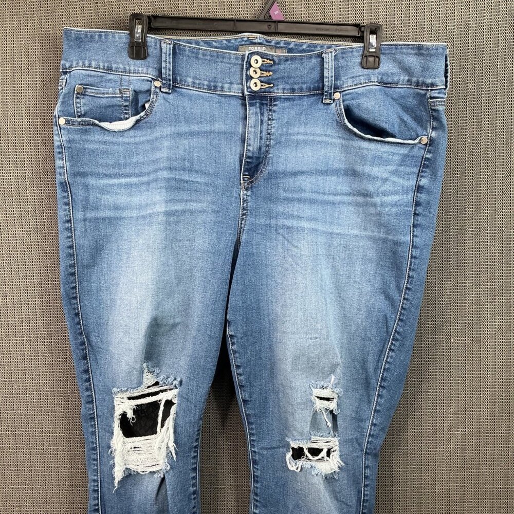 Torrid Womens Plus Size 22R Blue Distressed Strech Jeggings Super Soft Raw Hem - Picture 9 of 10